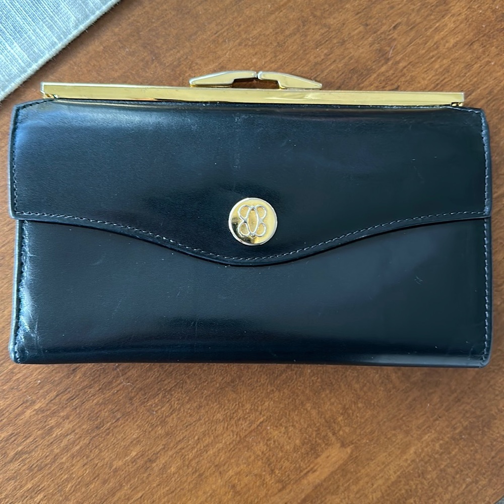 Bosca Vintage Black Full Grain Leather Wallet with Gold Tone Kiss Lock Hardware